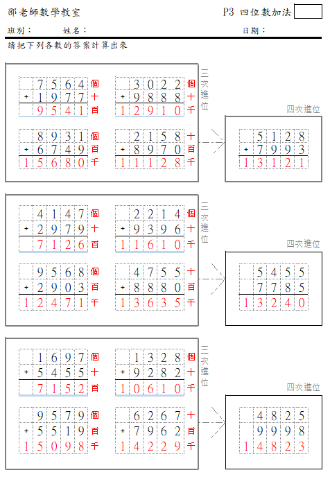 四位數加法(三次及四次進位)